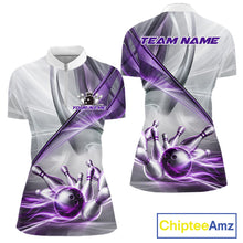 Load image into Gallery viewer, Women's quarter-zip bowling jersey featuring white and purple smoke with bowling ball and pin graphics, custom moisture-wicking performance apparel for league championships, tournament bowlers and bowling team uniforms, representing confidence, precision and victory.