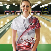 Load image into Gallery viewer, Female bowler wearing white and red smoke bowling jersey during tournament play, performance bowling apparel for league champions, sports enthusiasts and competitive athletes, symbolizing confidence, resilience and success.