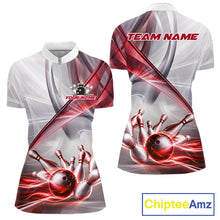 Load image into Gallery viewer, Women's quarter-zip bowling jersey featuring dynamic white and red smoke with bowling ball graphics, custom tournament apparel for bowling leagues, championships and professional bowling teams, representing energy, courage and determination.