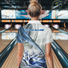 Load image into Gallery viewer, Female bowler wearing white and blue smoke bowling jersey during league competition, stylish bowling apparel for tournament players, bowling enthusiasts and sports clubs, symbolizing confidence, consistency and excellence.