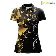 Load image into Gallery viewer, Women's billiard polo featuring funny butterfly, yellow lightning and glowing 8 ball graphics, personalized performance pool apparel for APA leagues, BCA tournaments, butterfly lovers, fantasy art fans and custom billiard teams, symbolizing transformation, optimism, energy and competitive excellence.