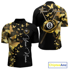 Load image into Gallery viewer, Men's quarter-zip billiard jersey featuring yellow lightning, butterfly artwork and realistic 8 ball graphics, moisture-wicking tournament apparel for competitive pool players, APA teams and championship leagues, representing focus, energy and precision.