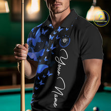 Load image into Gallery viewer, Male billiard player wearing blue lightning butterfly jersey during championship tournament, premium athletic apparel for artistic competitors, nature enthusiasts and league champions, symbolizing determination, confidence and competitive success.