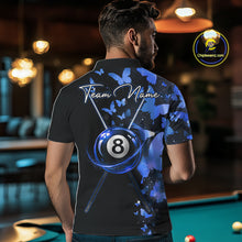 Load image into Gallery viewer, Male billiard player wearing blue lightning butterfly jersey during championship tournament, premium athletic apparel for artistic competitors, nature enthusiasts and league champions, symbolizing determination, confidence and competitive success.