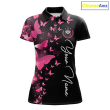 Load image into Gallery viewer, Women's billiard polo featuring funny butterfly, pink lightning and glowing 8 ball graphics, personalized performance apparel for women's pool leagues, butterfly lovers, creative athletes and custom billiard uniforms, symbolizing beauty, confidence and transformation.