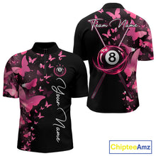 Load image into Gallery viewer, Men's quarter-zip billiard jersey featuring pink lightning, butterfly artwork and realistic 8 ball graphics, custom tournament apparel for APA competitions, billiard clubs and professional teams, representing innovation, positivity and victory.