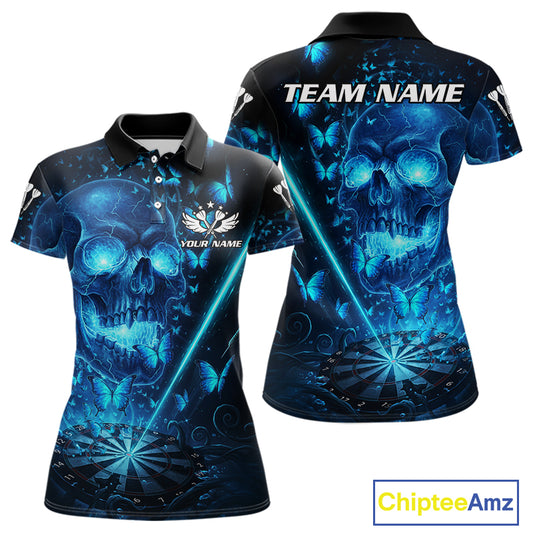 Lightning Blue Butterflies Skull Dartboard Custom Women Darts Polo Shirt Dart Jerseys NYN1848