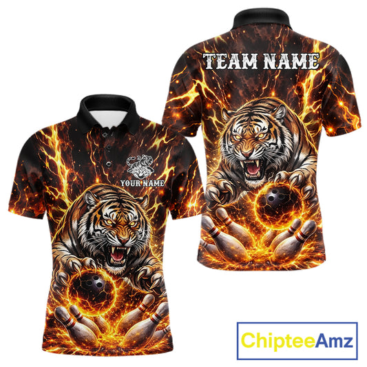 Custom Orange Fire Flaming Tiger Bowling Shirts For Men Tiger Bowling Tournament Shirt NYN3944