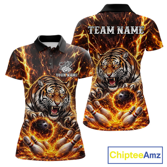 Custom Orange Fire Flaming Tiger Bowling Shirts For Women Tiger Bowling Tournament Shirt NYN3944