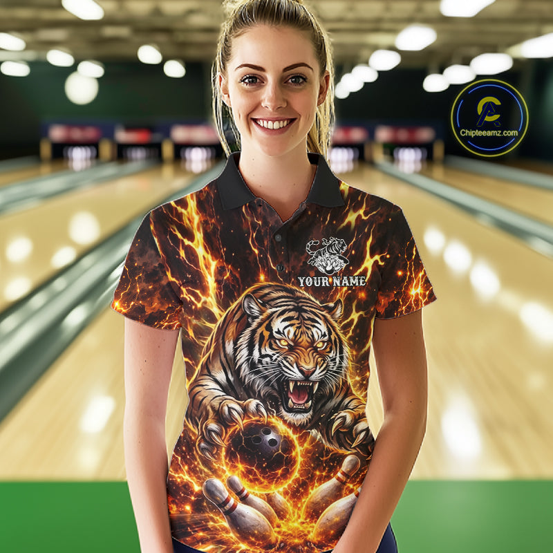 Custom Orange Fire Flaming Tiger Bowling Shirts For Women Tiger Bowling Tournament Shirt NYN3944