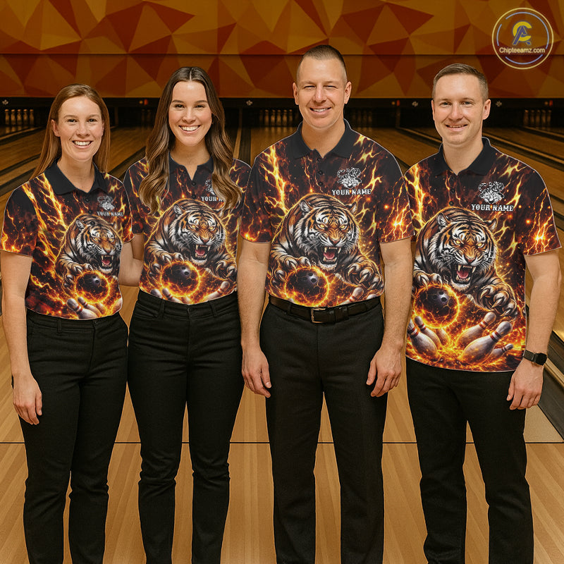 Custom Orange Fire Flaming Tiger Bowling Shirts For Women Tiger Bowling Tournament Shirt NYN3944