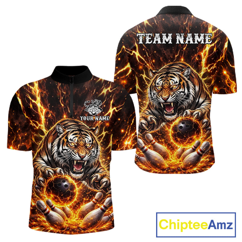 Custom Orange Fire Flaming Tiger Bowling Shirts For Men Tiger Bowling Tournament Shirt NYN3944
