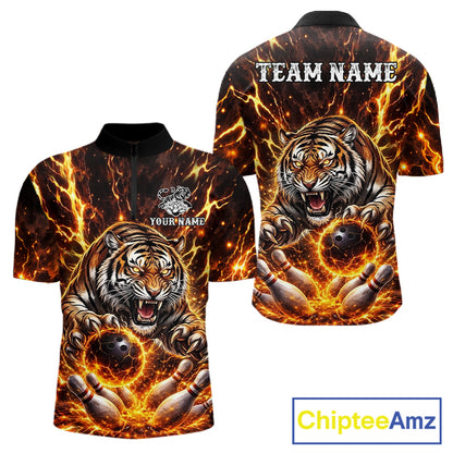 Custom Orange Fire Flaming Tiger Bowling Shirts For Men Tiger Bowling Tournament Shirt NYN3944