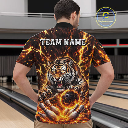 Custom Orange Fire Flaming Tiger Bowling Shirts For Men Tiger Bowling Tournament Shirt NYN3944