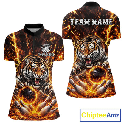 Custom Orange Fire Flaming Tiger Bowling Shirts For Women Tiger Bowling Tournament Shirt NYN3944