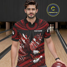 Load image into Gallery viewer, Custom Red Tribal Pattern Polynesian Eagle Bowling Men Polo Quarter-Zip Shirts, Bowling Team Attire NYN3687