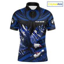 Load image into Gallery viewer, Custom Blue Tribal Pattern Polynesian Eagle Bowling Men Polo Quarter-Zip Shirts, Bowling Team Attire NYN3688