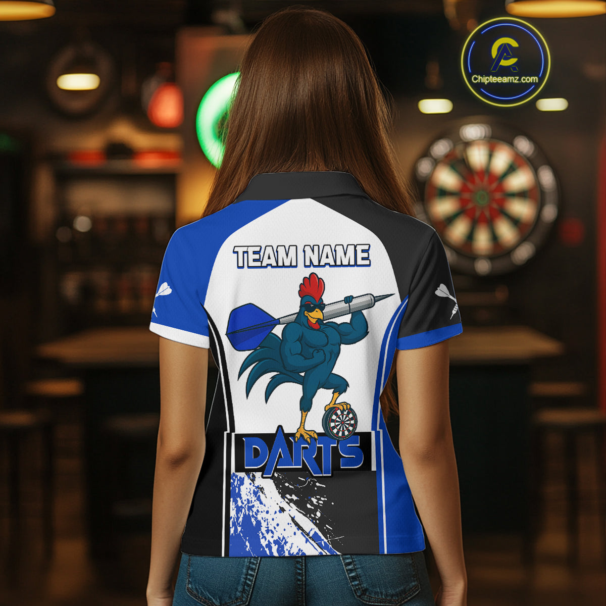 Blue Fiery Rooster Fury Dart Arrow Women Funny Darts Polo Shirt Custom Name Darts Jersey NYN2113