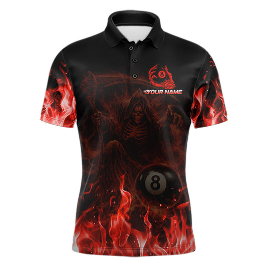 Custom Red Flaming Grim Reaper 8 Ball Billiard Pool Shirts For Men Bowling Polo & 1/4-Zip Jersey NYN2775