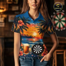 Load image into Gallery viewer, Female model wearing Funny Beer &amp; Dartboard darts polo, custom women's dart league jersey, tropical tournament apparel, vacation-inspired athletic shirt, pub team uniform, personalized darts clothing