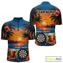 Load image into Gallery viewer, Funny Beer &amp; Dartboard men's quarter-zip darts shirt with tropical beach graphics, custom darts league jersey, personalized tournament apparel, performance sportswear, bar league team uniform