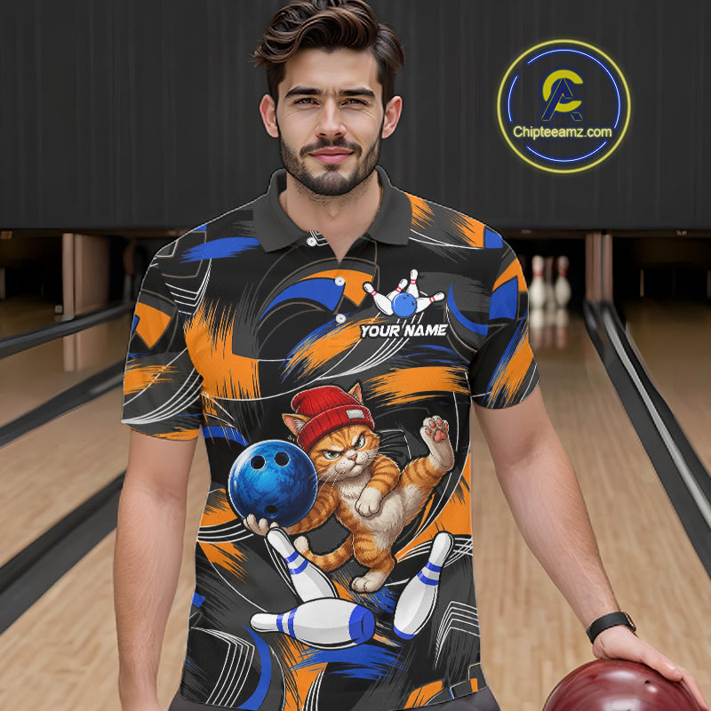 Blue And Orange Funny Cat Bowling Shirts For Men Personalized Bowling Team Name Outfits NYN3979