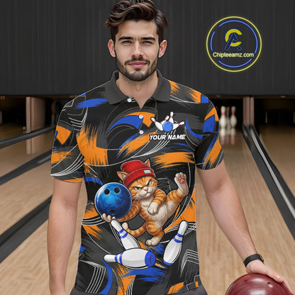 Blue And Orange Funny Cat Bowling Shirts For Men Personalized Bowling Team Name Outfits NYN3979