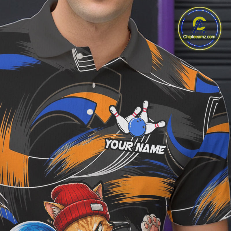 Blue And Orange Funny Cat Bowling Shirts For Men Personalized Bowling Team Name Outfits NYN3979
