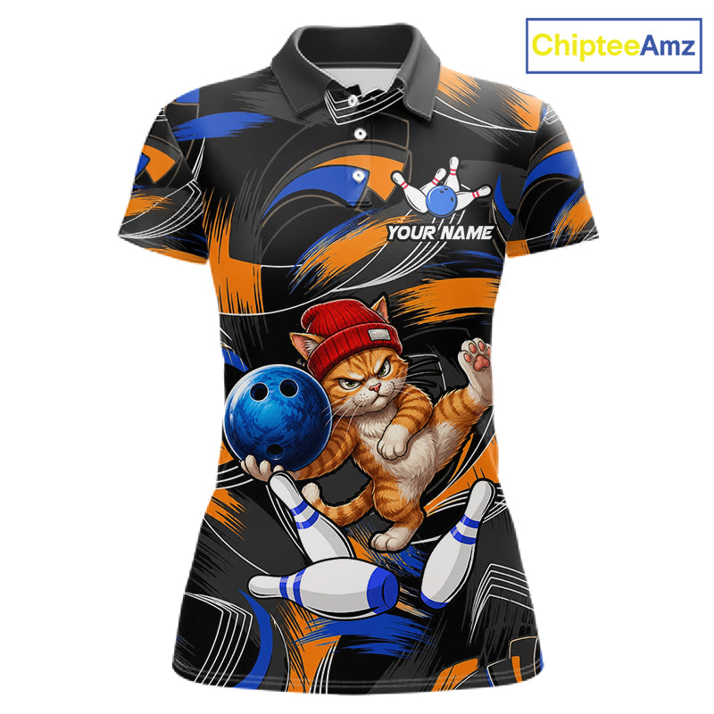 Blue And Orange Funny Cat Bowling Shirts For Women Personalized Bowling Team Name Outfits NYN3979