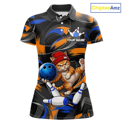 Blue And Orange Funny Cat Bowling Shirts For Women Personalized Bowling Team Name Outfits NYN3979