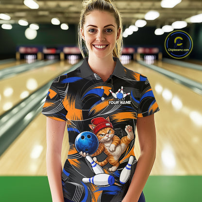 Blue And Orange Funny Cat Bowling Shirts For Women Personalized Bowling Team Name Outfits NYN3979