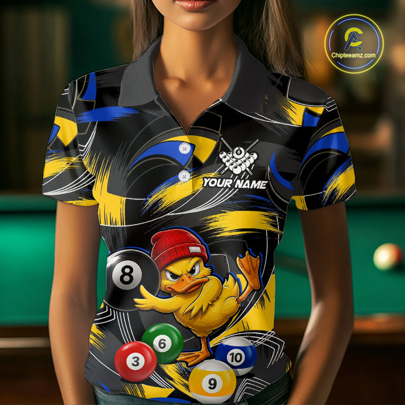 Blue & Yellow Funny Duck 8 Ball Pool Billiard Shirt For Women Personalized Billiard Team Name Outfits NYN3981