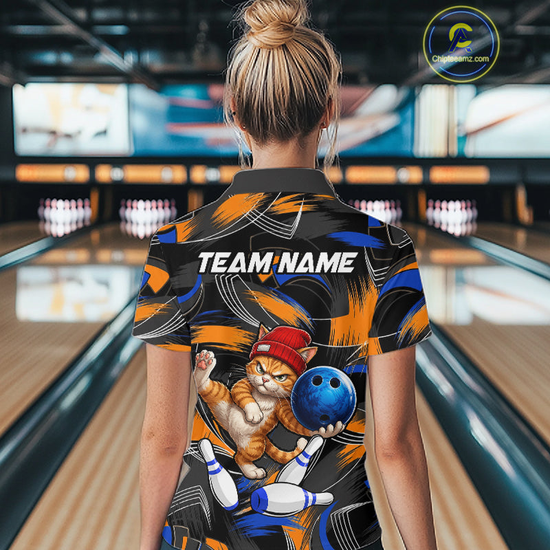 Blue And Orange Funny Cat Bowling Shirts For Women Personalized Bowling Team Name Outfits NYN3979