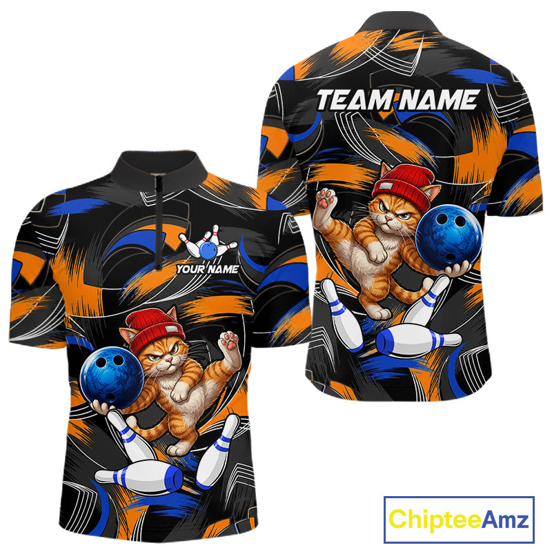 Blue And Orange Funny Cat Bowling Shirts For Men Personalized Bowling Team Name Outfits NYN3979