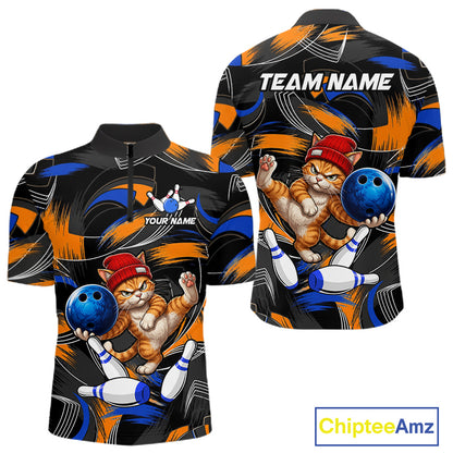 Blue And Orange Funny Cat Bowling Shirts For Men Personalized Bowling Team Name Outfits NYN3979