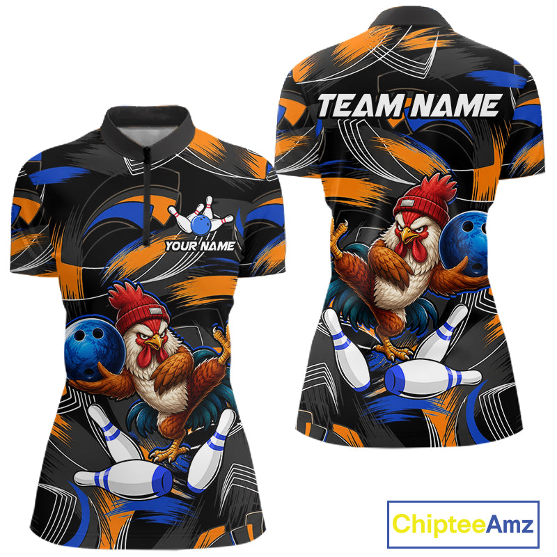 Blue And Orange Funny Rooster Bowling Shirts For Women Personalized Bowling Team Name Outfits NYN3980