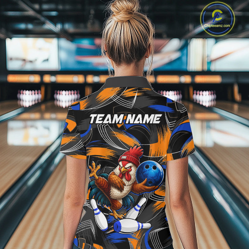 Blue And Orange Funny Rooster Bowling Shirts For Women Personalized Bowling Team Name Outfits NYN3980