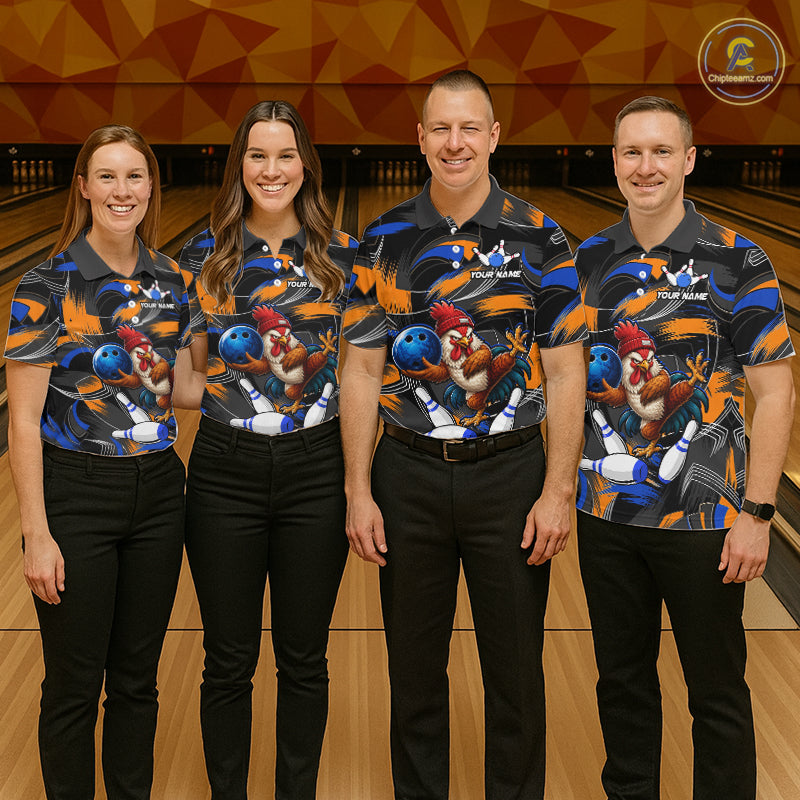 Blue And Orange Funny Rooster Bowling Shirts For Men Personalized Bowling Team Name Outfits NYN3980