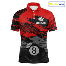 Load image into Gallery viewer, Grunge Black &amp; Red 8 Ball men's billiard polo with vintage USA flag graphics, personalized pool league jersey, custom tournament apparel, patriotic cue sports performance uniform