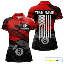 Load image into Gallery viewer, Grunge Black &amp; Red 8 Ball women's billiard polo featuring distressed American Flag artwork, custom pool tournament jersey, patriotic cue sports apparel, league uniform, personalized championship team clothing