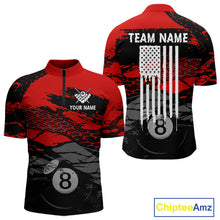 Load image into Gallery viewer, Grunge Black &amp; Red men's quarter-zip pool jersey with grunge USA artwork, personalized billiard tournament apparel, custom league performance uniform, patriotic sportswear