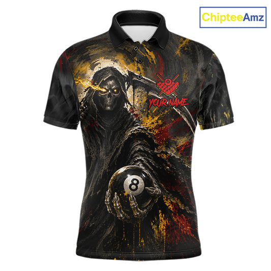 Grunge Yellow & Red Grim Reaper men's billiard polo with dramatic skull artwork, personalized 8 Ball tournament jersey, gothic league apparel, custom cue sports performance clothing