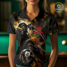 Load image into Gallery viewer, Female model wearing Grim Reaper women's billiard polo, personalized skeleton tournament jersey, custom gothic billiards apparel, championship performance sportswear