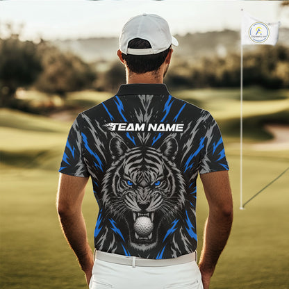 Custom Blue And Grey Tiger Golf Ball Team Attire Funny Golf Polo Golf Shirts For Men NYN3994