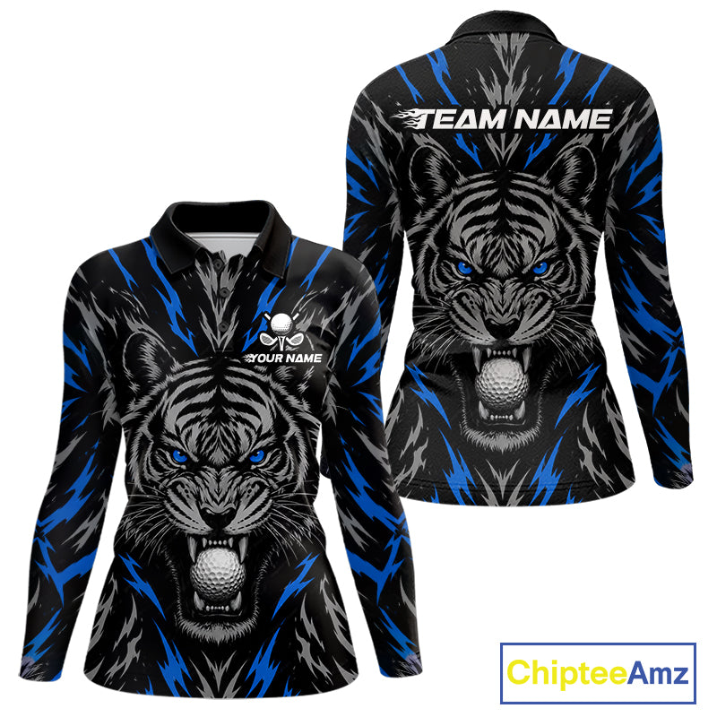 Custom Blue And Grey Tiger Golf Ball Team Attire Funny Golf Polo Golf Shirts For Women NYN3994