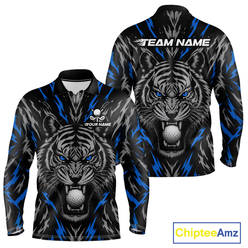 Custom Blue And Grey Tiger Golf Ball Team Attire Funny Golf Polo Golf Shirts For Men NYN3994