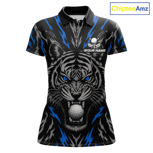Custom Blue And Grey Tiger Golf Ball Team Attire Funny Golf Polo Golf Shirts For Women NYN3994