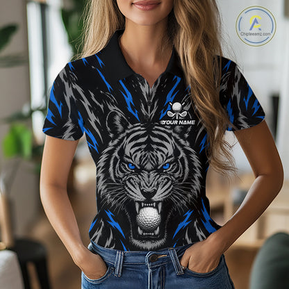 Custom Blue And Grey Tiger Golf Ball Team Attire Funny Golf Polo Golf Shirts For Women NYN3994