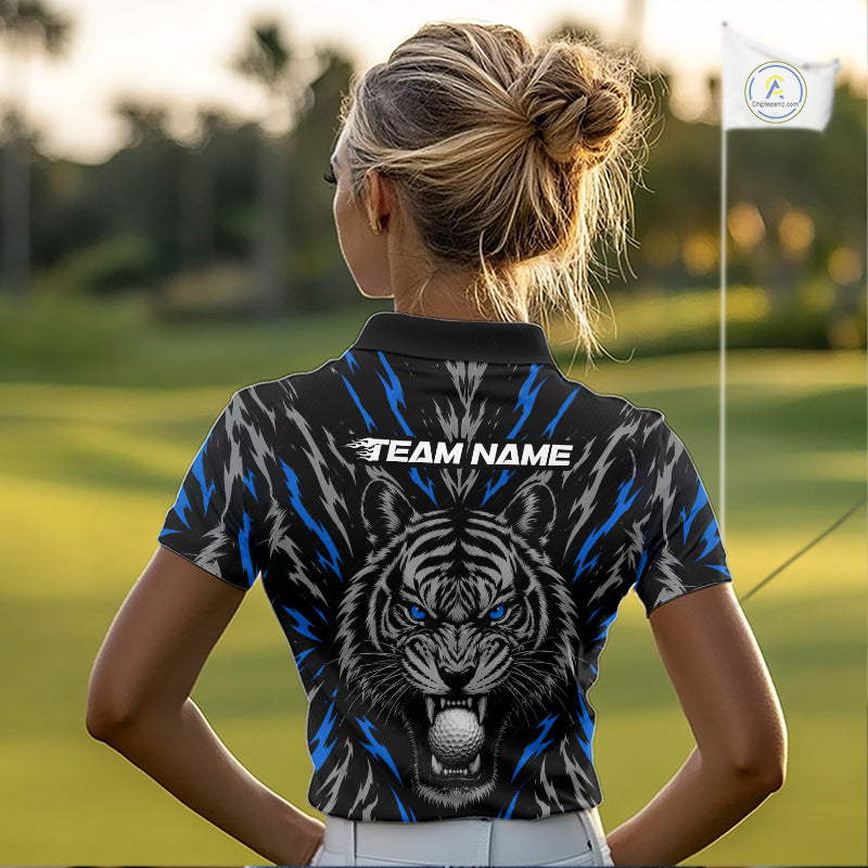 Custom Blue And Grey Tiger Golf Ball Team Attire Funny Golf Polo Golf Shirts For Women NYN3994