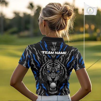 Custom Blue And Grey Tiger Golf Ball Team Attire Funny Golf Polo Golf Shirts For Women NYN3994